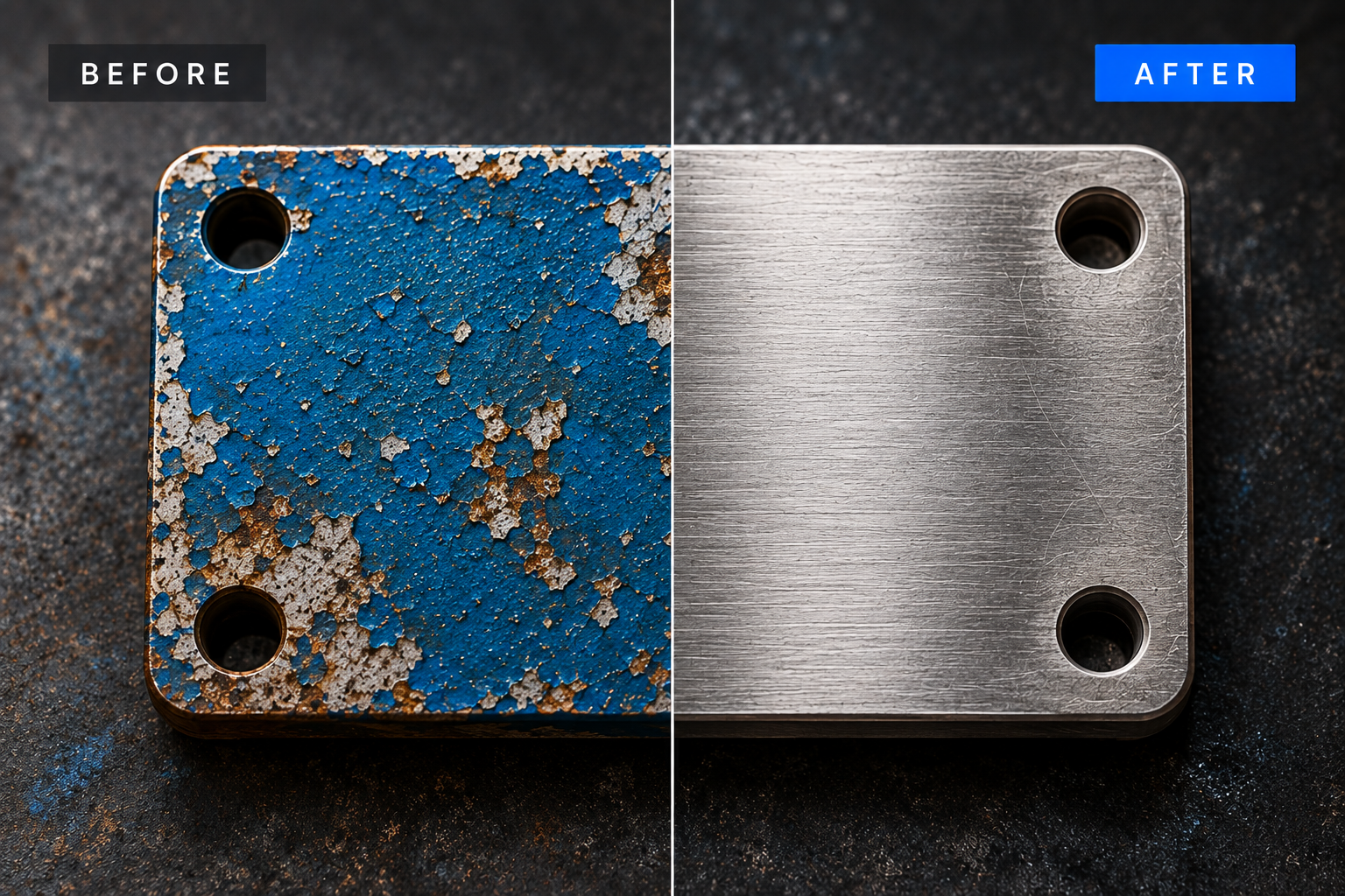 Illustrative before and after example of coating removal from a metal surface