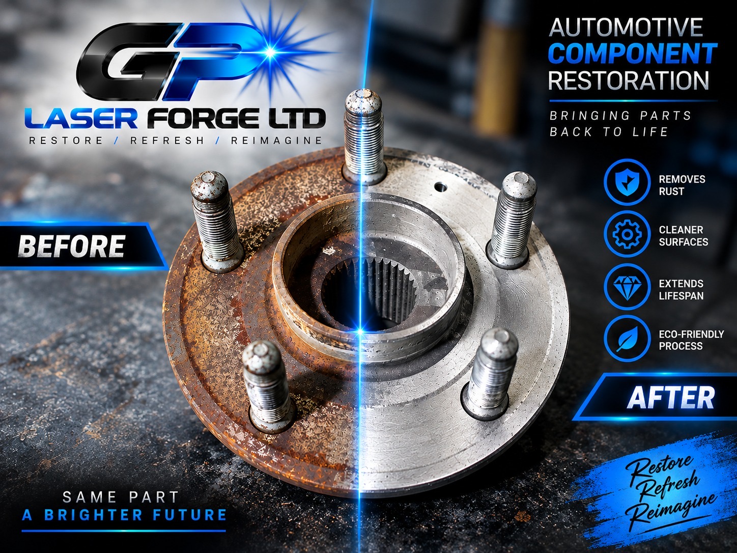 Before and after automotive hub laser cleaning by GP Laser Forge
