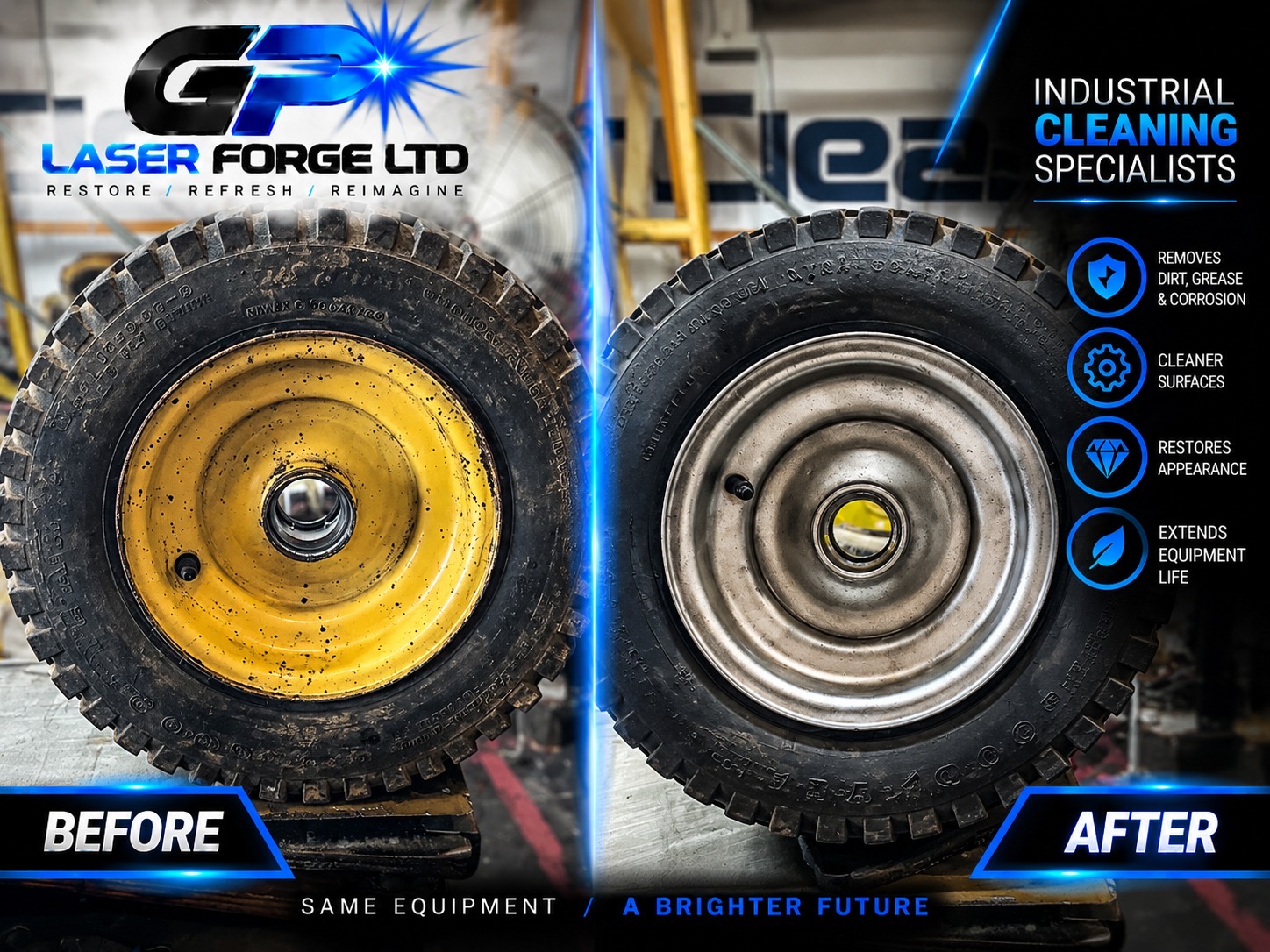 Before and after industrial equipment laser cleaning by GP Laser Forge