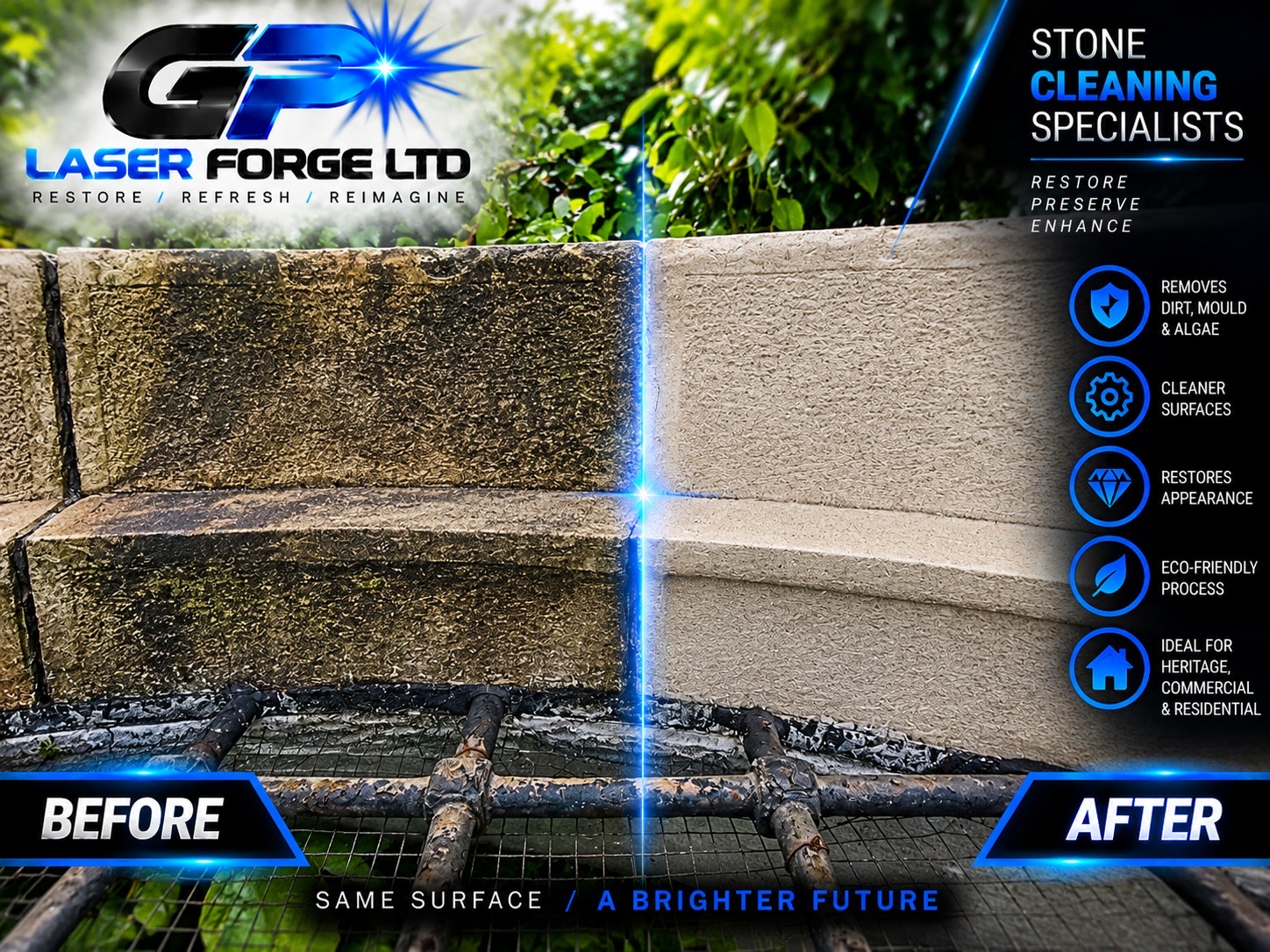 Before and after stone and masonry laser cleaning by GP Laser Forge