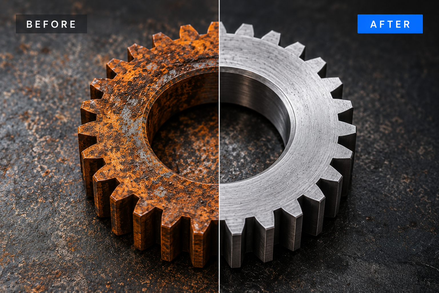 Illustrative before and after example of rust removal from a metal component