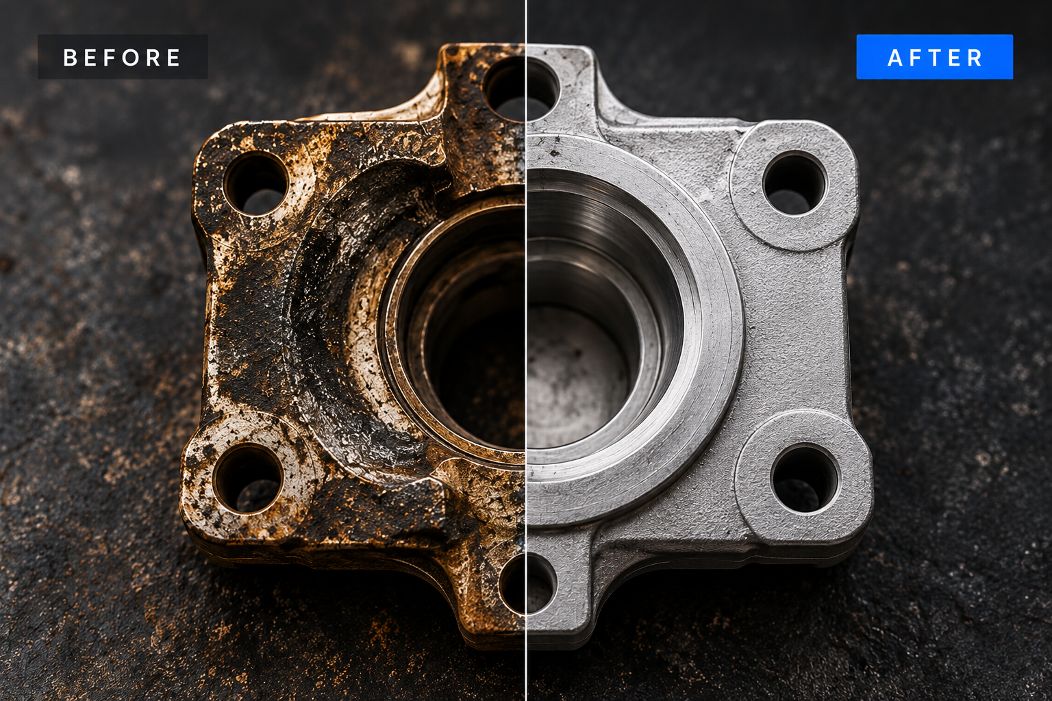Illustrative before and after example of surface restoration on a metal component